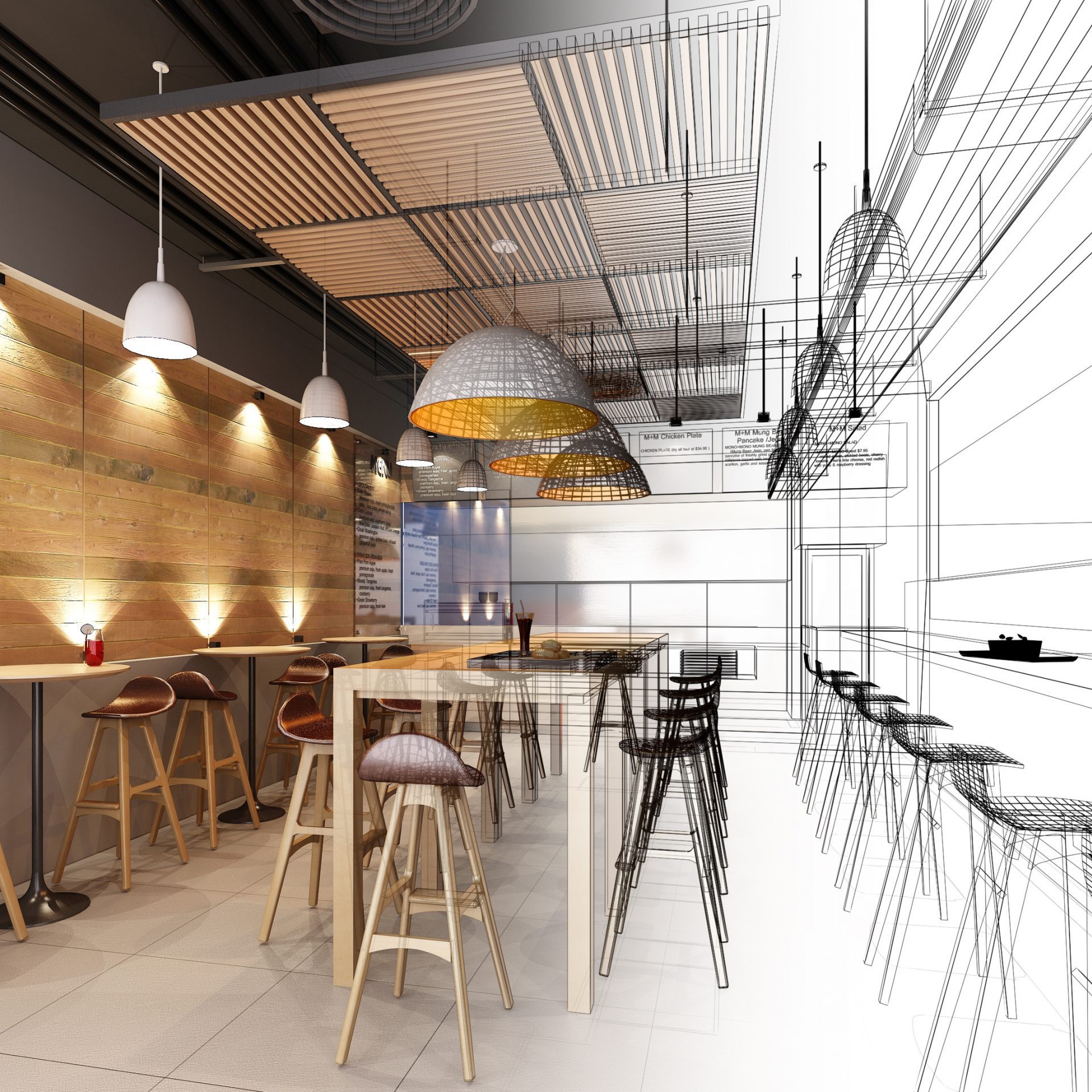 sketch design of resturant ,3d wire frame render